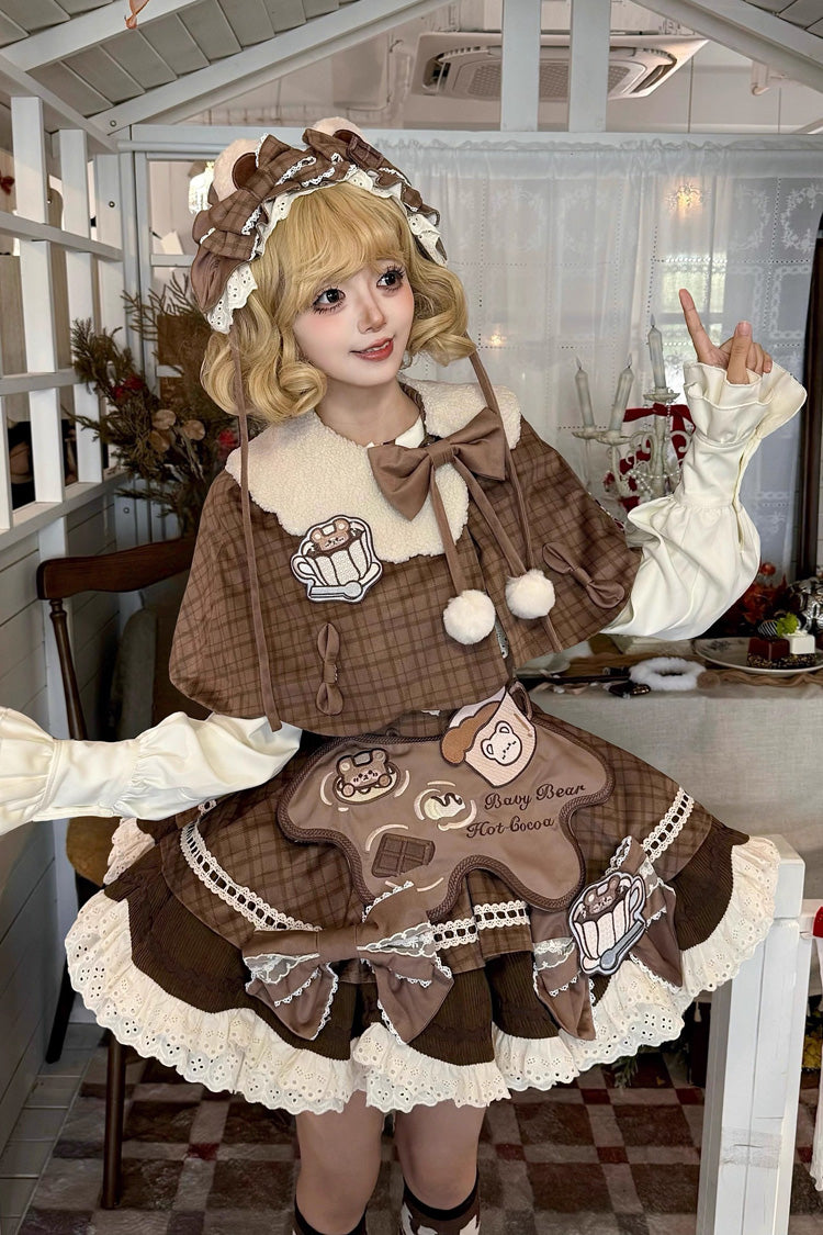 Brown Hot Cocoa Little Bear Sleeveless Print Ruffle Bowknot Lace Sweet Lolita Jsk Dress