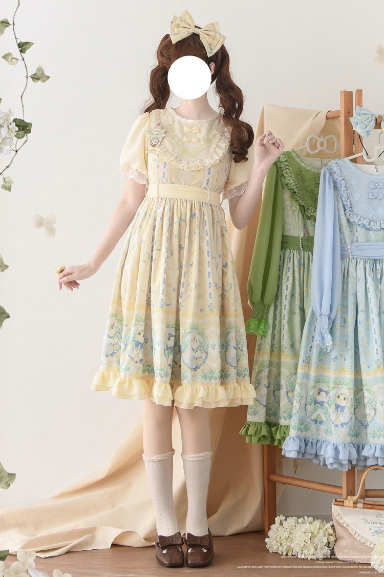 Beige Lily of the Valley Cat Print Ruffle Embroidery Bowknot Sweet Lolita Dress