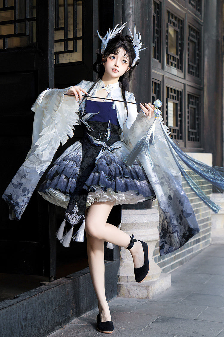 Dark Blue Feathered Finch Multi-Layered Print Ruffle Classic Chinese Style Lolita Jsk Dress Set