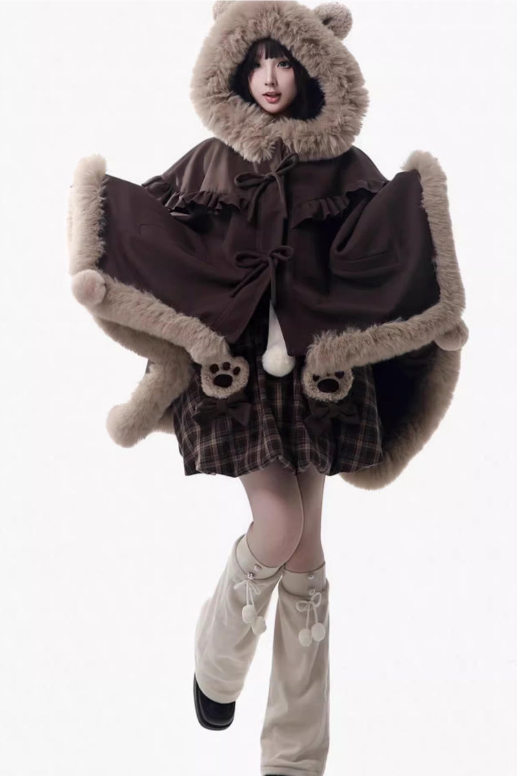 Brown Fluffy Little Bear Sleeveless Printed Ruffled Bow Sweet Lolita Strap Dress