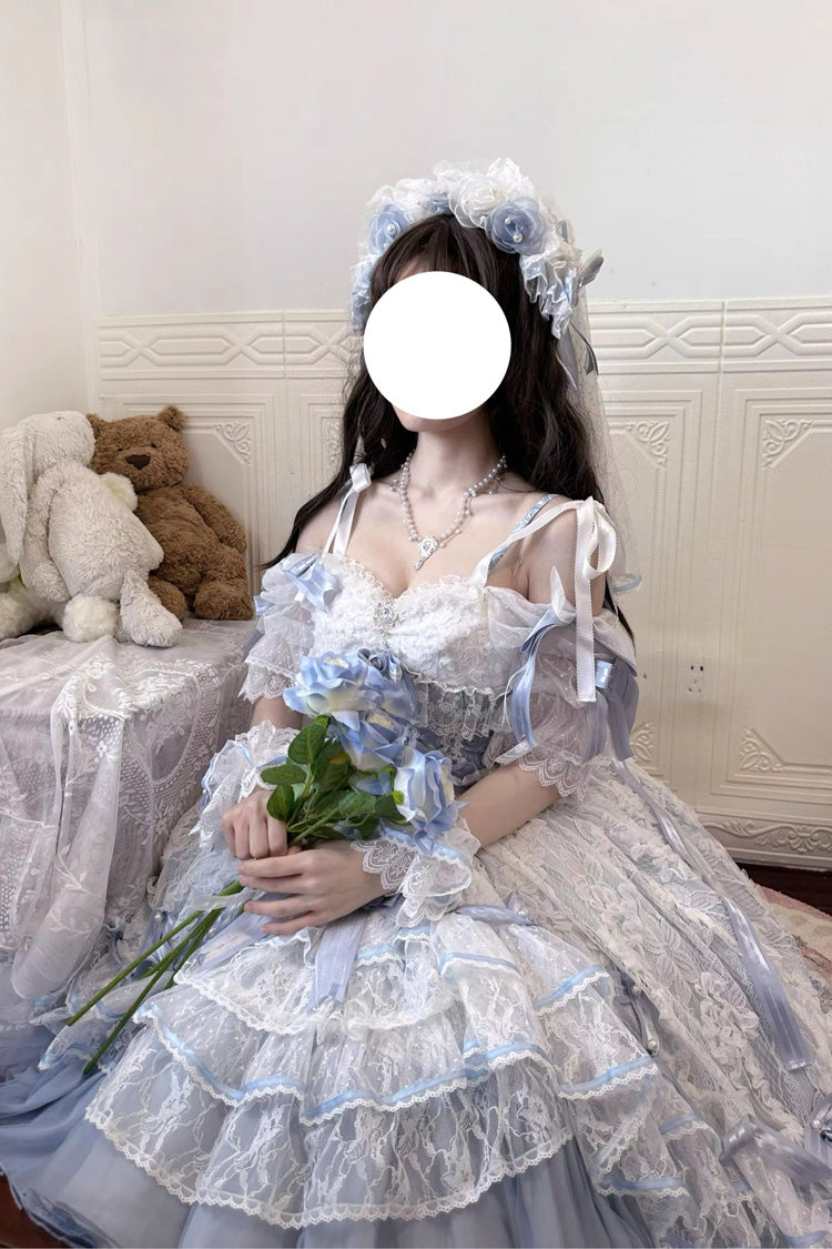 Blue Diane Rose Short Sleeves Multi-Layered Jacquard Ruffle Hanayome Cardigan Bowknot Lace Sweet Lolita Dress