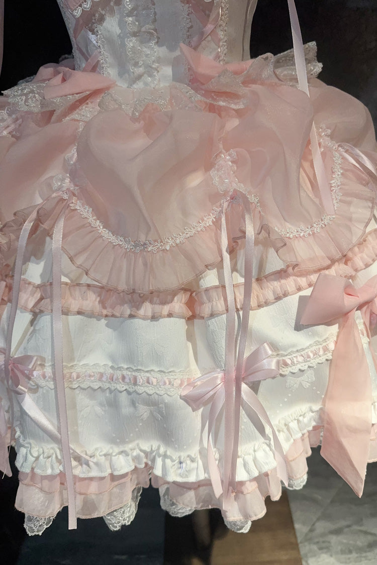 White/Pink Sleeveless Triple-Layered Ruffled Bow Lace Sweet Princess Ballet Lolita Jsk Dress