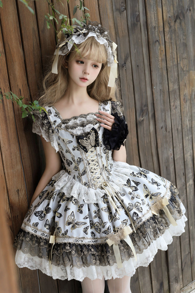 Cream Golden Spirit • Dream Butterfly Sleeveless Print Ruffle Bowknot Lace-Up Sweet Princess Lolita Jsk Dress Set