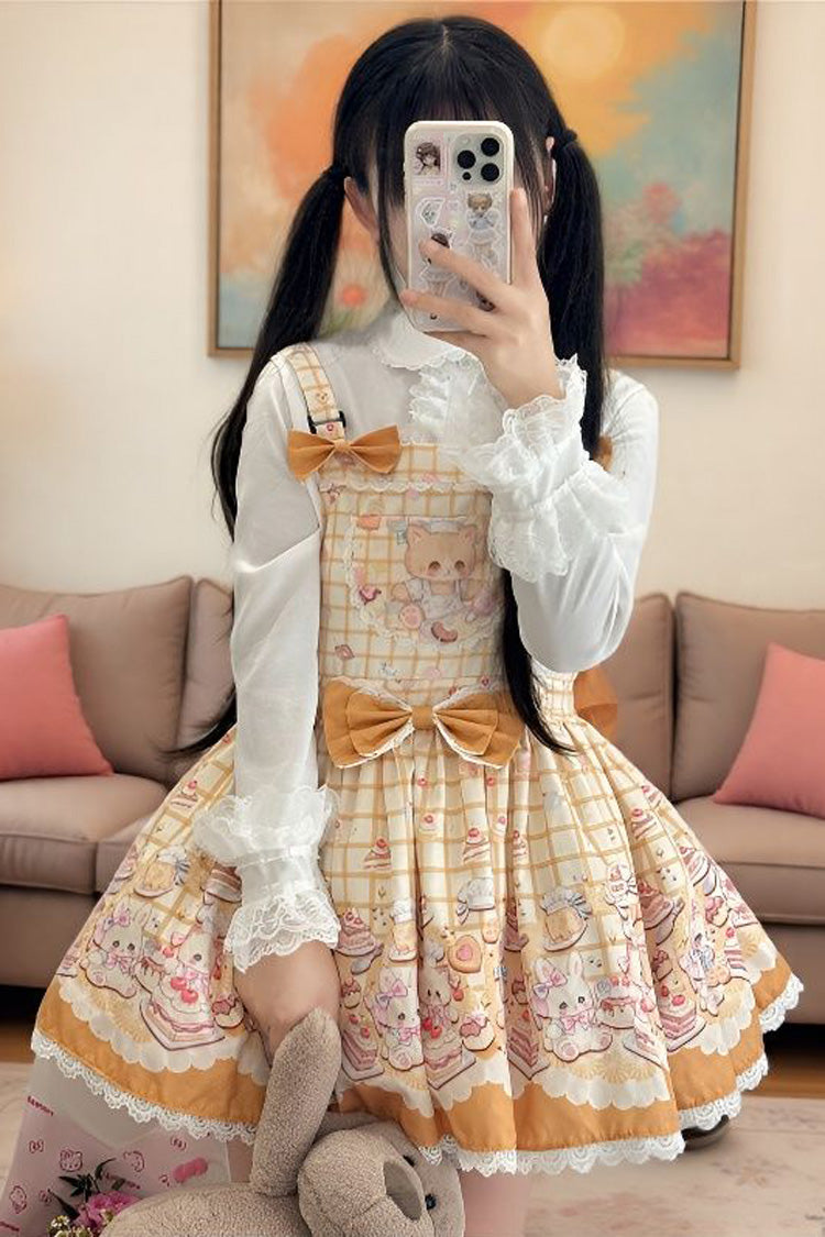 Bear Cake Sleeveless Print Bowknot Lace Doll-Style Sweet Lolita Suspender Dress 3 Colors