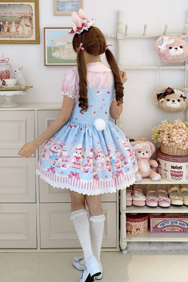 Blue/Pink Cupid Bunny Printed Sleeveless Bow Sweet Princess Lolita Strap Dress