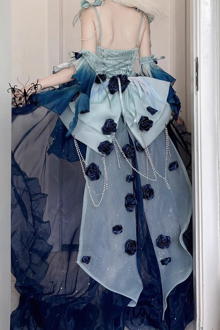 Undersea Blue Swan Wonderland Embroidery Bowknot Lace-Up Sweet Ballet Lolita Jsk Dress Short Version