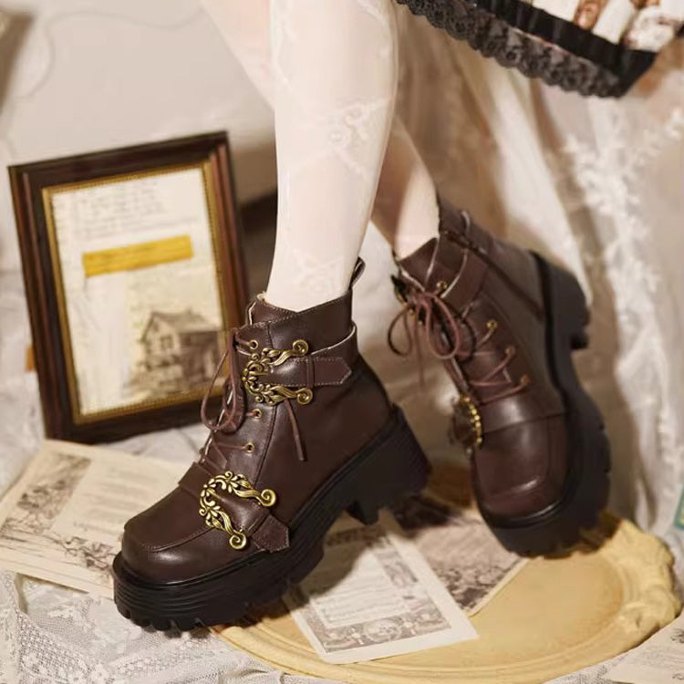 Vintage Accordion Knight Bowknot Chinese College Style Lolita Ankle Boots 2 Colors