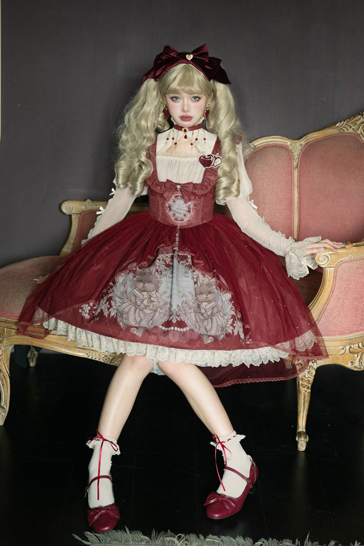 Red Bunny Tea Party Print Ruffle Bowknot Sweet Lolita Jsk Dress