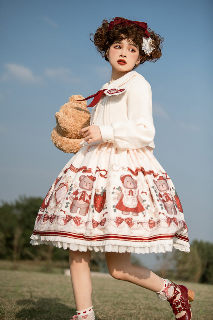 Ivory/Red Strawberry Bear Print Ruffle Bowknot Sweet Princess Lolita Jsk Dress
