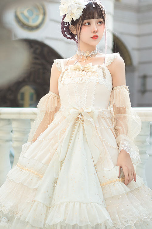 White Starry Night Square Collar Bowknot Multi-Layer Ruffled Cardigan Sweet Lolita JSK Dress