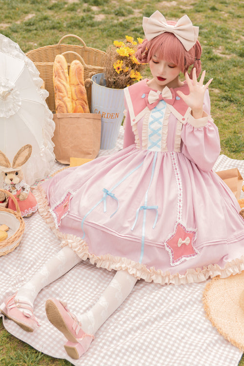 Round Collar Chiffon Ruffled Lantern Sleeves Pentagram Embroidered High Waisted Sweet Lolita OP Dress