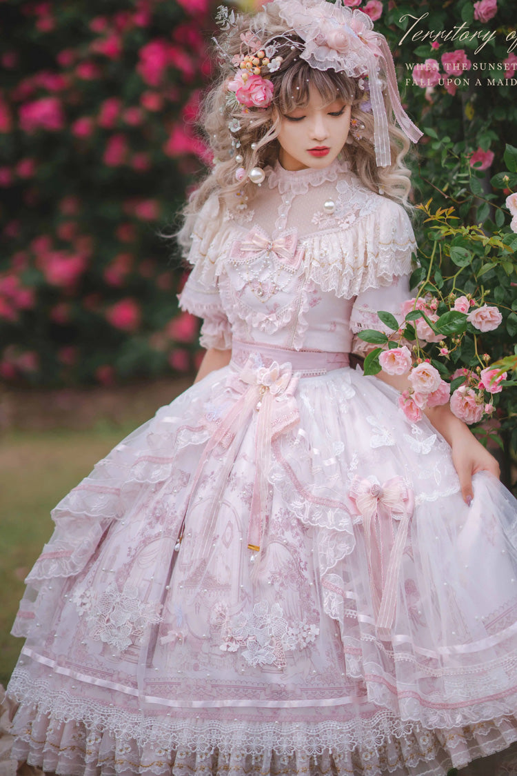 White/Pink Realm of Sunset Short Sleeves Printed Ruffled Hanayome Bow Lace Gorgeous Sweet Lolita Dress Set