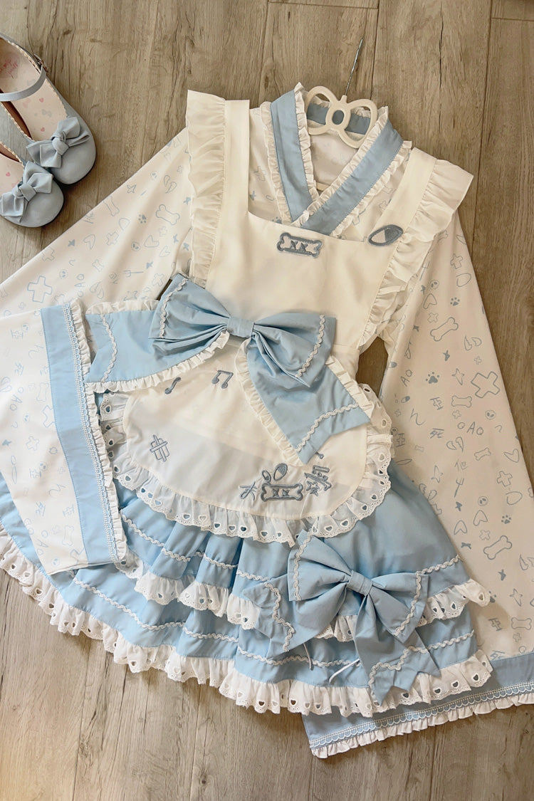 Blue/White Double-Layered Ruffle Bowknot Maid Sweet Lolita Skirt Set
