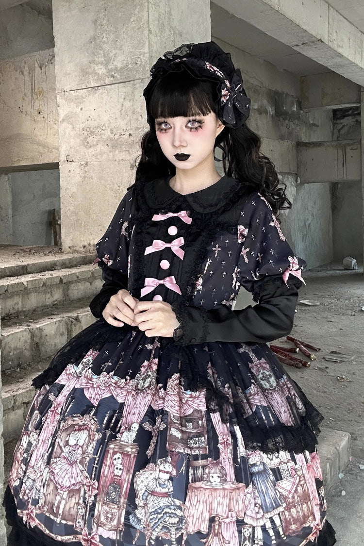 Black The Case of the Missing Lamb Print Long Sleeves Ruffle Bowknot Lace Gothic Lolita Dress