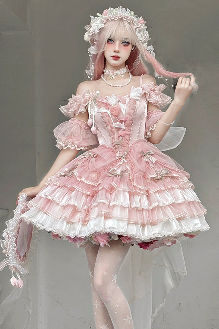 Pink Tulip and Wind Chime Multi-Layered Ruffle Bowknot Lace Sweet Gorgeous Lolita Jsk Dress
