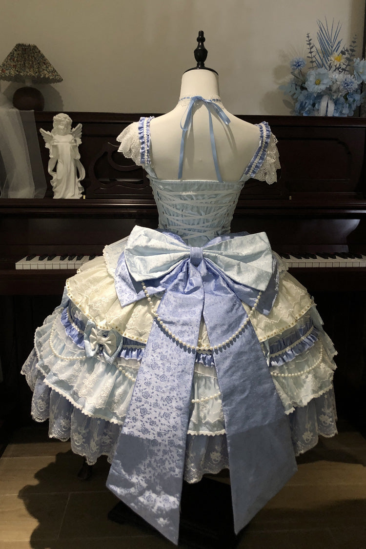 Blue Falling Sakura Multi-Layered Ruffled Hanayome Bow Lace Sweet Plus Size Princess Lolita Jsk Dress