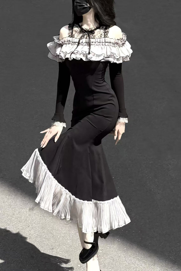 Black Night Cherry Blossoms Long Sleeves Ruffle Bowknot Daily Sweet Elegant Lolita Fishtail Dress