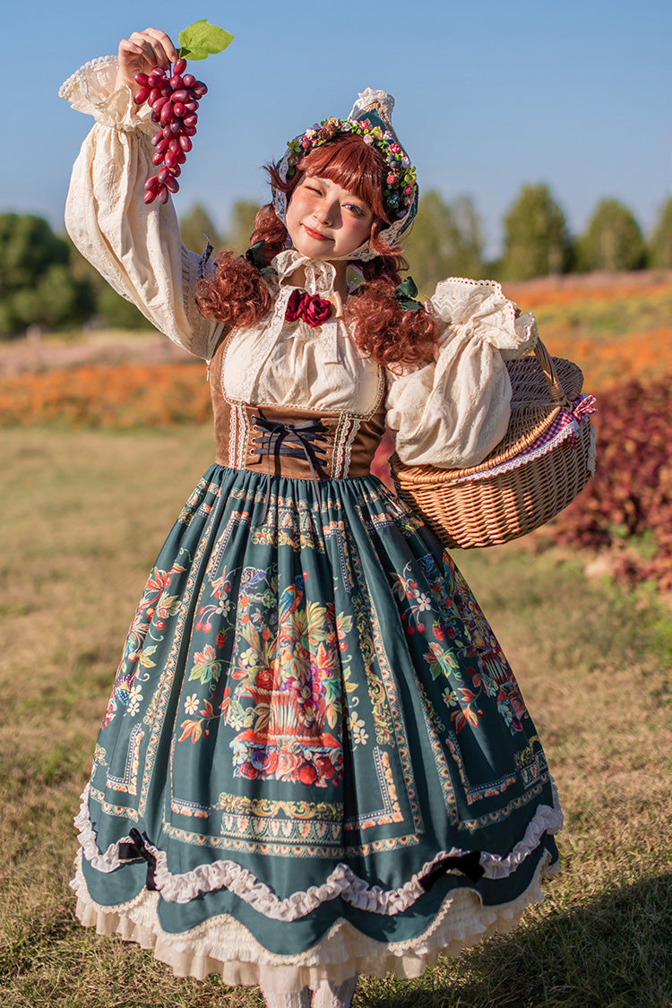 Green Ode to Plenty Berries and Birds Print Ruffle Bowknot Velvet Classic Lolita Breast Support Jsk Dress