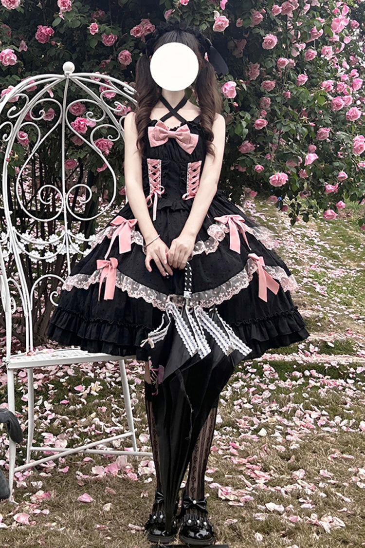 Black Miss Pearl Sleeveless Double-Layered Bowknot Lace Lace-Up Sweet Lolita Jsk Dress