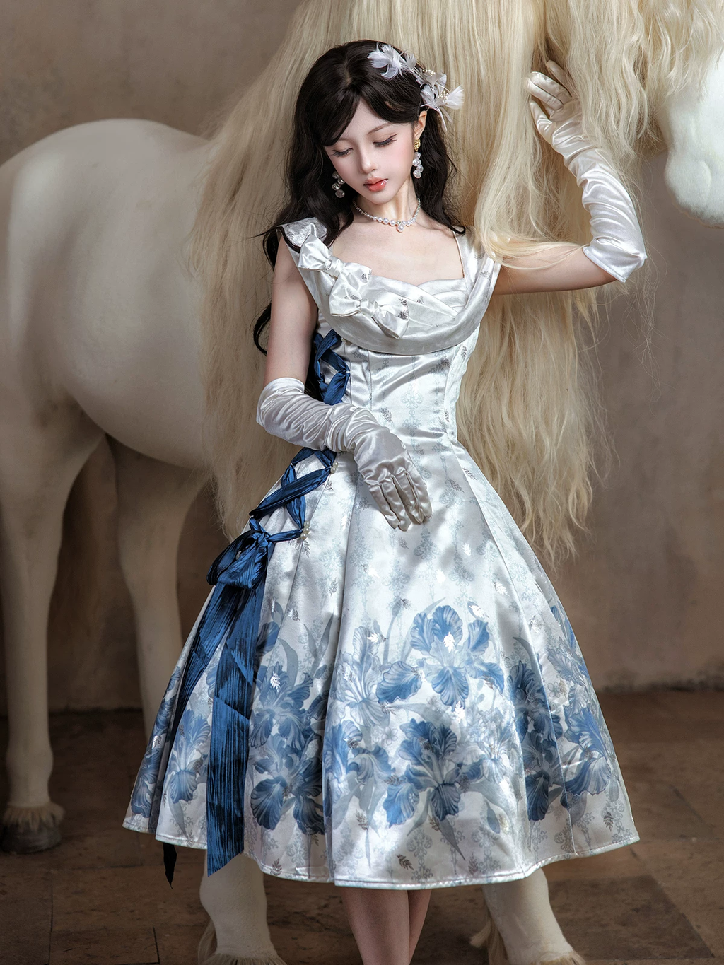 Blue Floral Print Sleeveless Drape Collar Side Lace-Up Bow Sweet Princess Vintage Lolita Dress