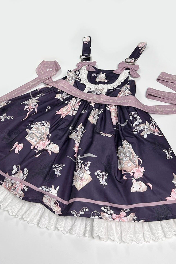 Pink Lily of the Valley Rabbit Sleeveless Print Ruffle Bowknot Daily Sweet Lolita Strap Dress
