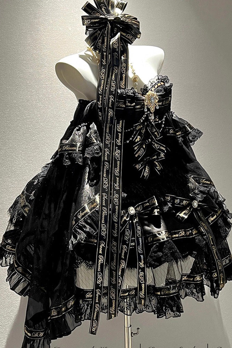 Black Golden Obsidian Night Sleeveless Double-Layered Ruffle Bowknot Pearl Gothic Princess Lolita Dress