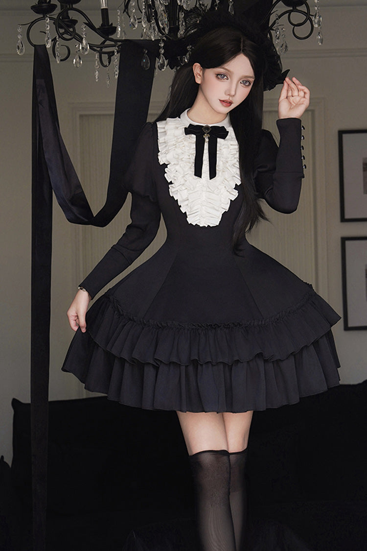 Black Miss Weir Stand Collar Long Sleeves Double-Layered Ruffle Gothic Lolita Dress