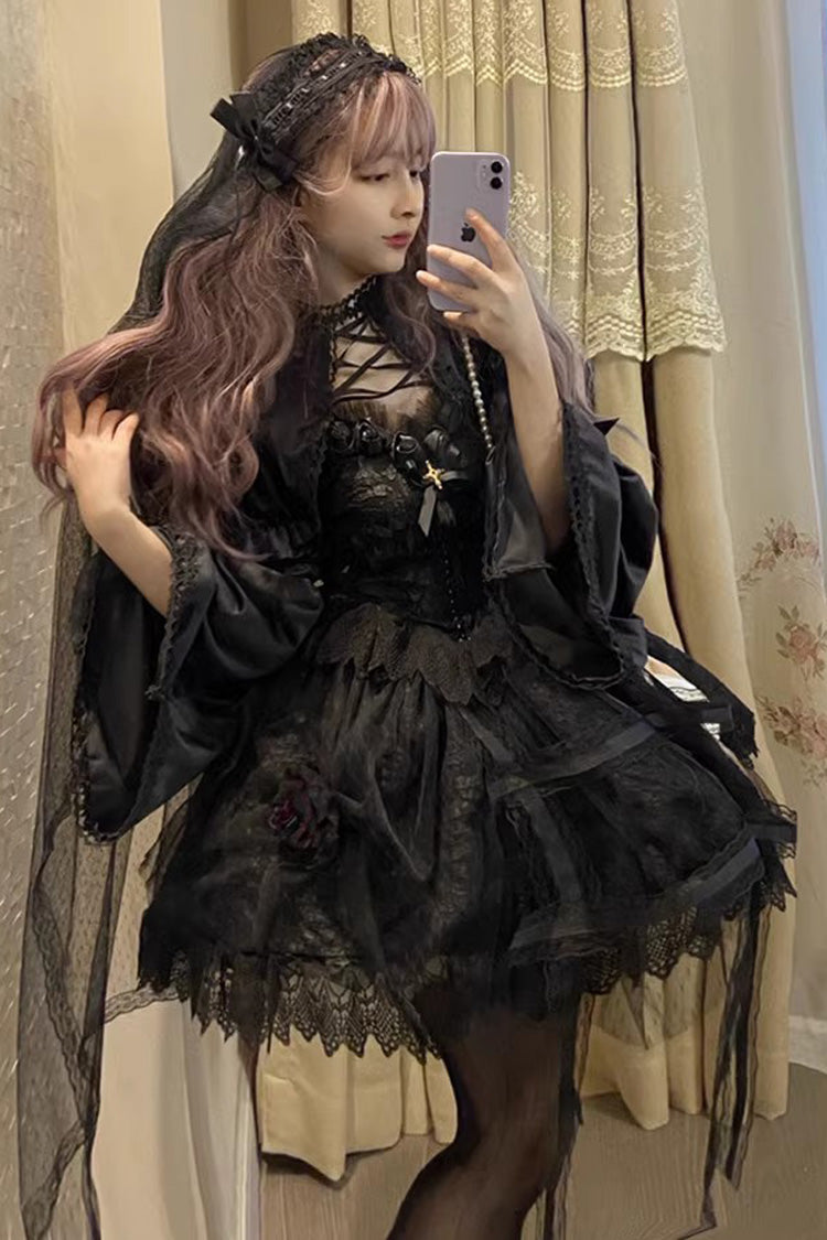 Black Rose Cage Ruffle Bowknot Lace Mesh Gothic Elegant Lolita Jsk Dress