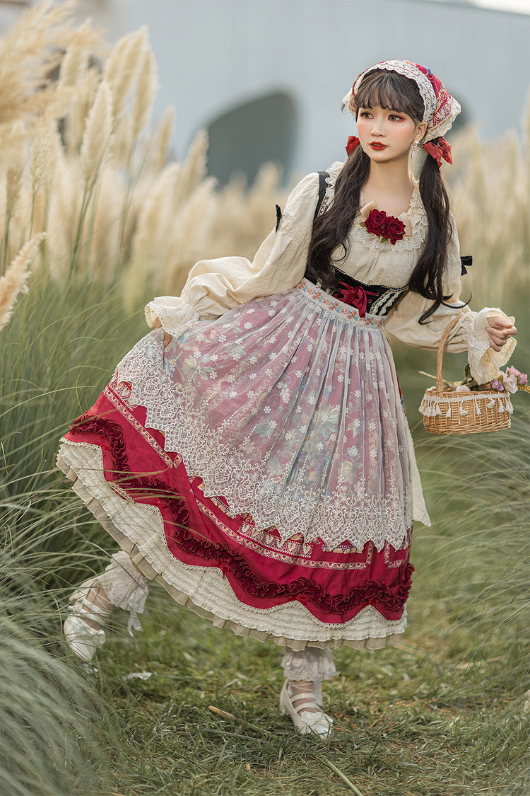 Wine Red Ode to Plenty Berries and Birds Print Ruffle Bowknot Velvet Classic Lolita Breast Support Jsk Dress