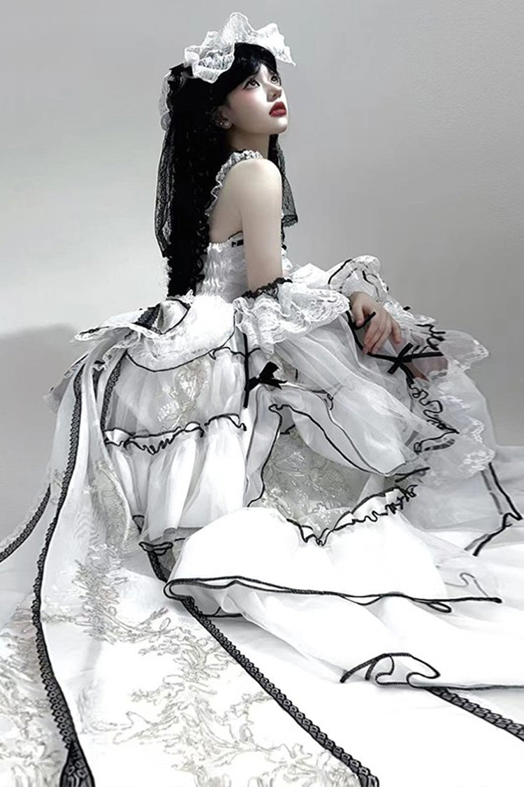 White Cascade Poem Sleeveless Multi-Layered Ruffle Hanayome Bowknot Lace Gothic Plus Size Gorgeous Lolita Jsk Long Dress