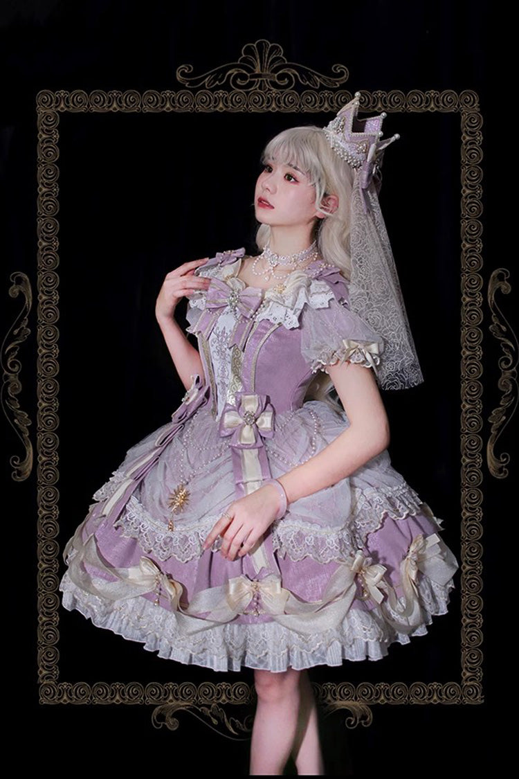 Purple Girls' Day Short Sleeves Multi-Layered Ruffle Bowknot Lace Sweet Lolita Dress 2 Versions