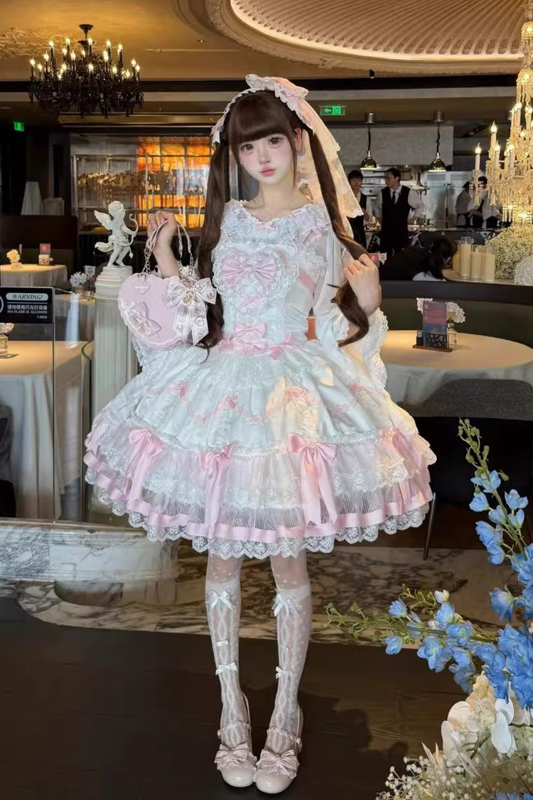 Pink/White Scarlet Heart Cocoa Sleeveless Triple-Layered Ruffle Embroidery Bowknot Lace Sweet Lolita Jsk Dress
