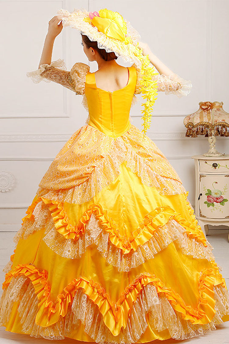 Yellow High Waisted Ruffled Multi-Layer Lace Stitching Victorian Lolita Prom Dress