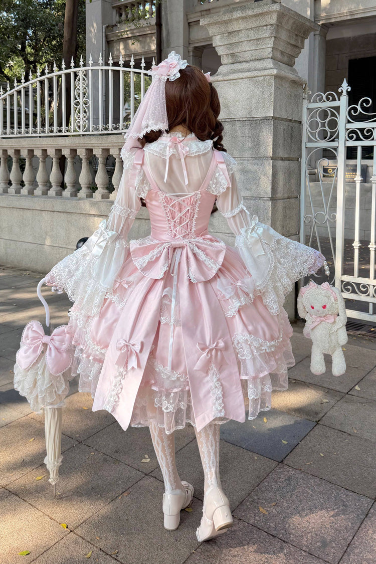 Pink Sweetheart Sleeveless Multi-Layered Embroidered Bow Lace Lace-Up Sweet Lolita Jsk Dress