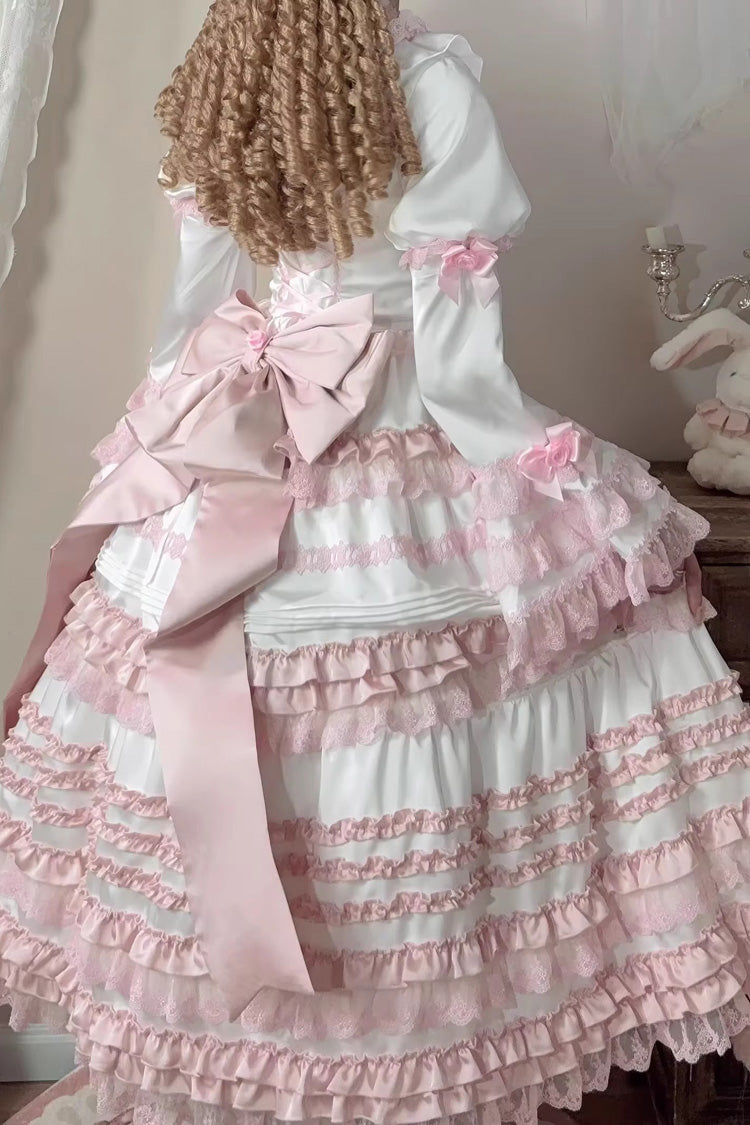 White/Pink Layered Peach Ice Short Sleeves Ruffle Bowknot Lace Sweet Lolita Dress