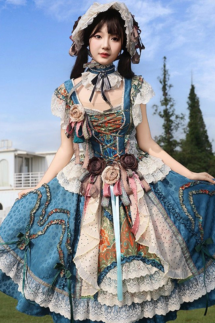 Blue Lake Monet Sleeveless High Waisted Print Ruffle Cardigan Bowknot Lace-Up Classic Vintage Elegant Princess Lolita Jsk Dress