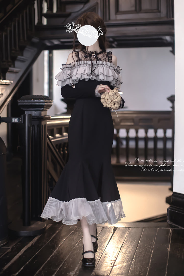 Black Night Cherry Blossoms Long Sleeves Ruffle Bowknot Daily Sweet Elegant Lolita Fishtail Dress