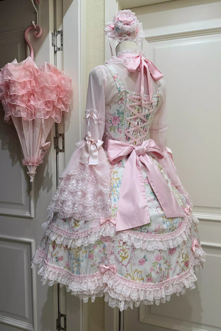 White/Pink Sleeveless Flower Wall Print Ruffle Bowknot Lace Sweet Lolita Jsk Dress