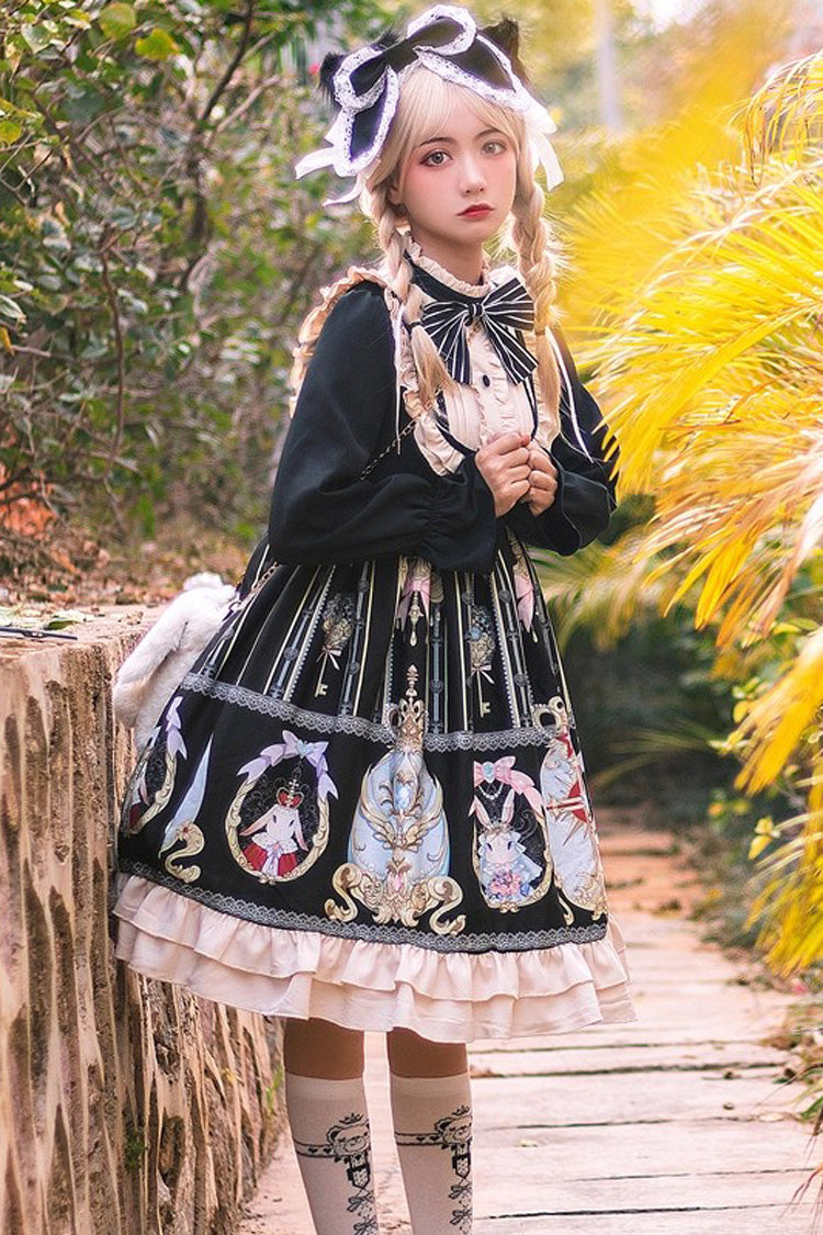 Black Easter Stand Collar Long Sleeves Print Ruffle Bowknot Sweet Plus Size Lolita Dress