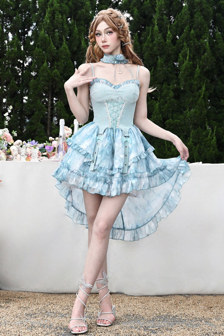 Blue Mirrorless Dream Double-Layered Tie-dyed Print Ruffle Bowknot Lace Train Sweet Lolita Jsk Dress