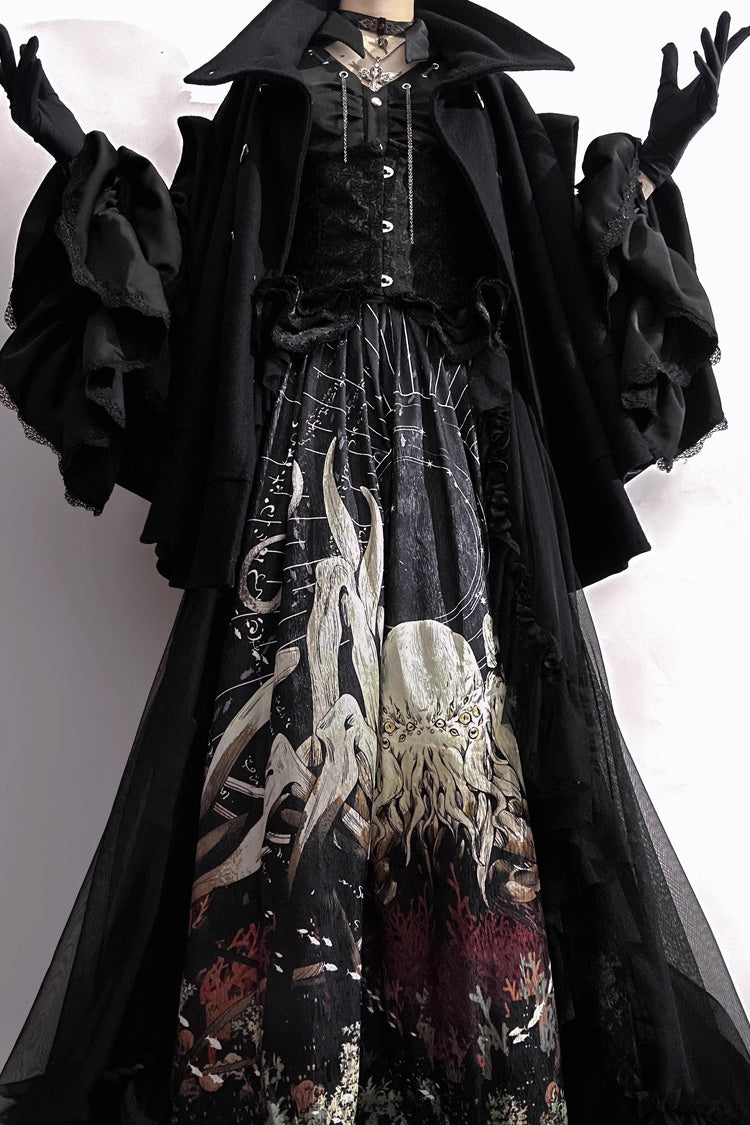 Black Reborn Ancient God Long Hime Sleeves Print Lace Gothic Lolita Skirt Dress Set