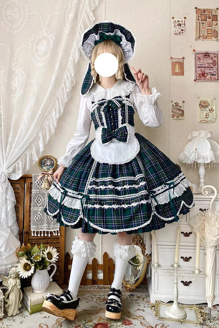 Green Gingham Petal Bunny Printed Ruffled Bow Sweet Lolita Jsk Dress