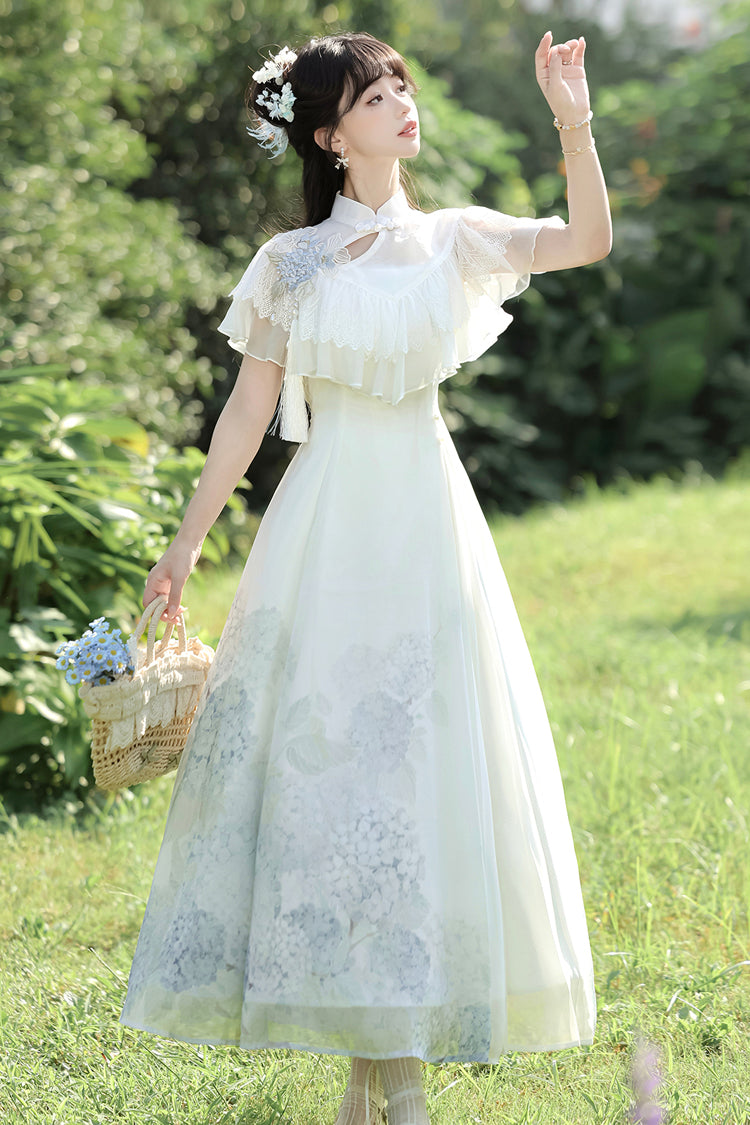 White Hydrangea Message Short Sleeves Print Ruffle Lace Sweet Chinese Style Elegant Lolita Dress