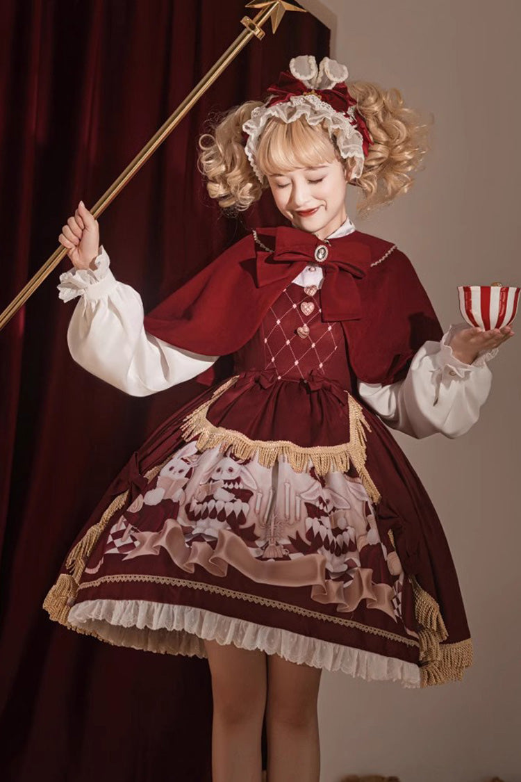 Red Doll Collar Bunny Reading Club Print Ruffle Lace Fake Two Pieces Sweet Princess Lolita Dress