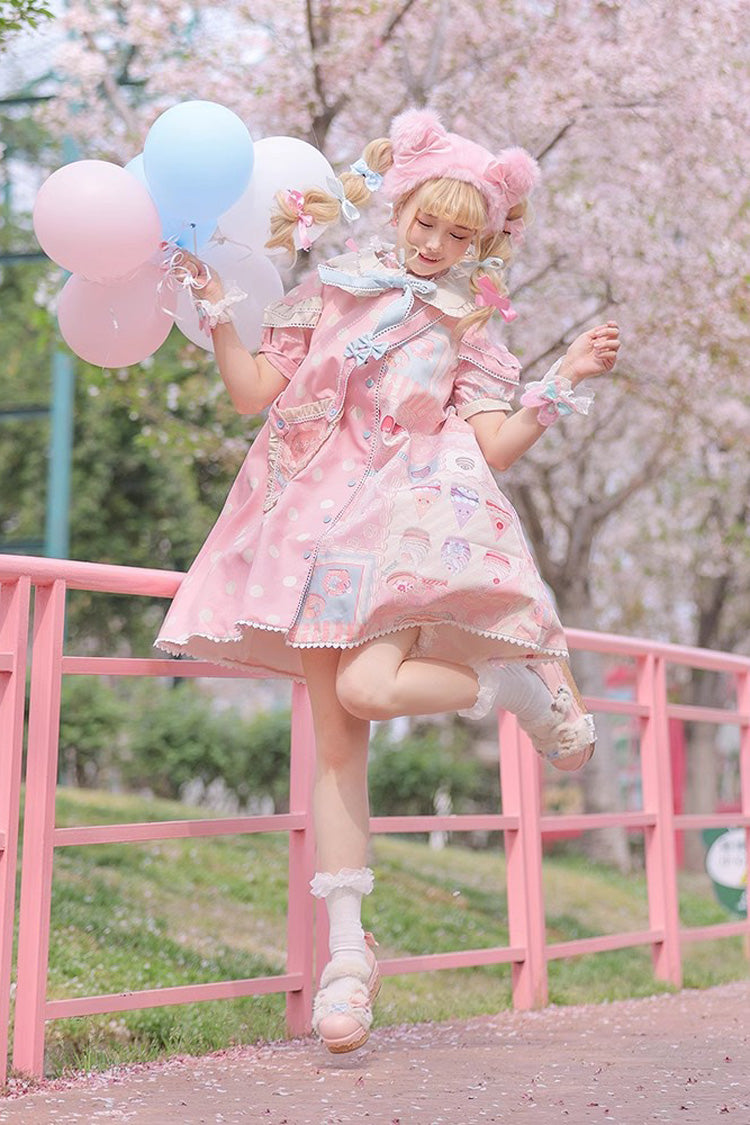 Cake Chocolate Dessert Print Short Sleeves Ruffle Bowknot Sweet Lolita Dress 2 Colors