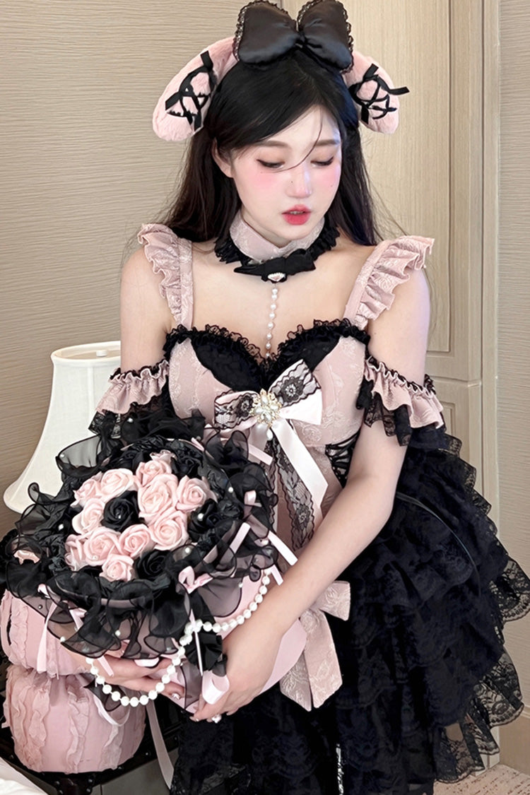 Black/Pink Blackberry Lover Multi-Layered Lace Sweet Princess Lolita Skirt Set