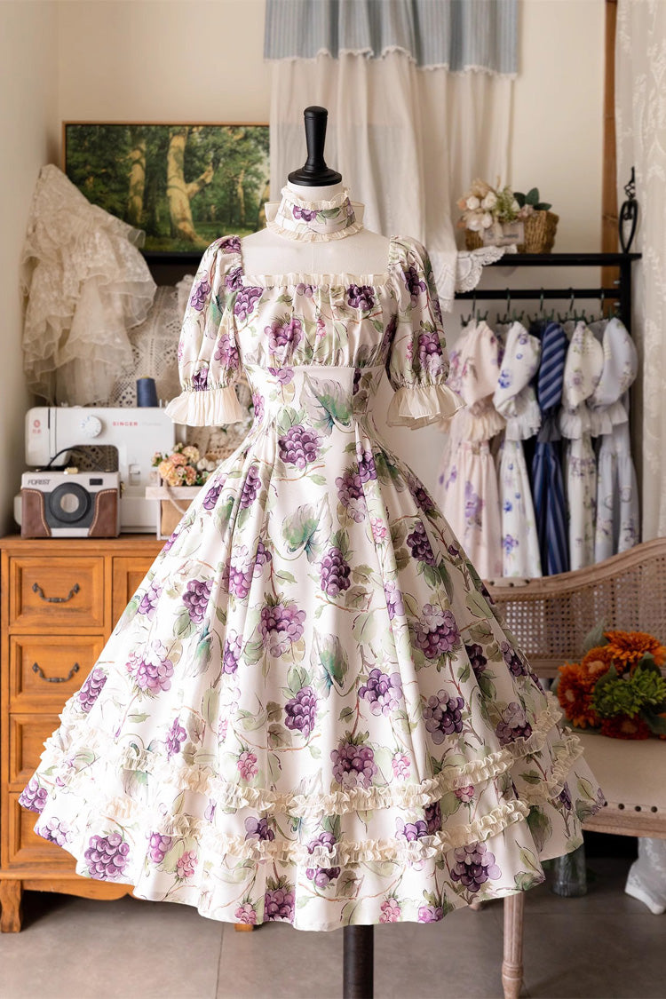 Forest Basket Print Short Sleeves Ruffle Lace Sweet Elegant Lolita Dress 6 Colors