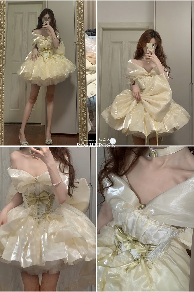 Gold Proxima Centauri Off Shoulder Ruffle Bowknot Sweet Princess Lolita Dress