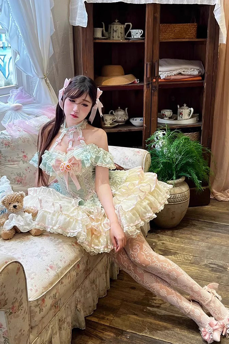 Green Flower Language of Eros Halterneck Multi-Layered Ruffle Bowknot Rose Lace Lace-Up Sweet Ballet Lolita Jsk Dress