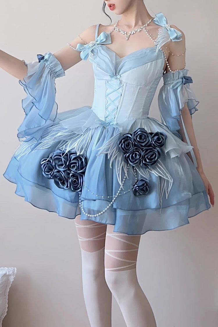 Sky Blue Swan Wonderland Embroidery Bowknot Lace-Up Sweet Ballet Lolita Jsk Dress Short Version